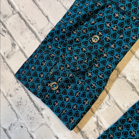 Buttercloth mens XL regular fit blue black airplane pattern knit button up shirt - Picture 3 of 5